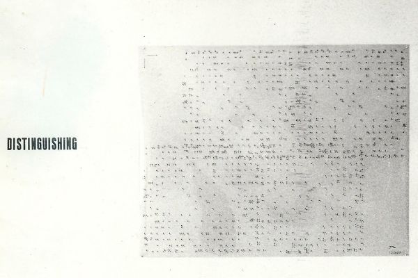 Joyce Lightbody in coordination with Carp Oct. 19-25, 1975, presented an installation of drawings, numerical and alphabetical correlations systematically determining line placement and arrangement, with reference charts.